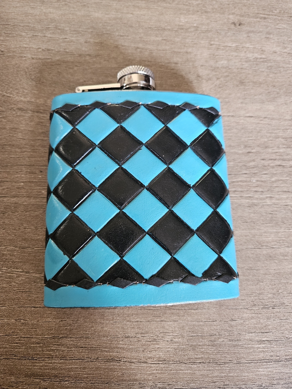 Blue Teal & Black Checkered Flask With A Tooled & Hand Painted Leather Wrap-NWOT